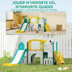 Toboggan pour enfant 7 en 1 avec panier de basket, télescope, rangement, tunnel, escalade, tableau de dessin, jaune