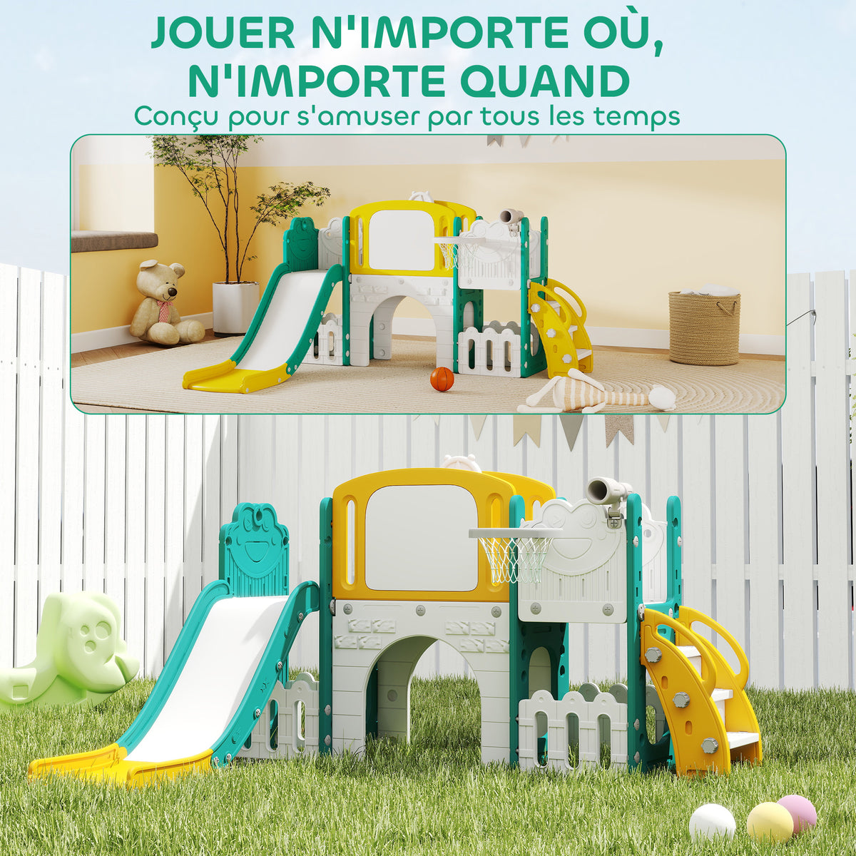 Toboggan pour enfant 7 en 1 avec panier de basket, télescope, rangement, tunnel, escalade, tableau de dessin, jaune
