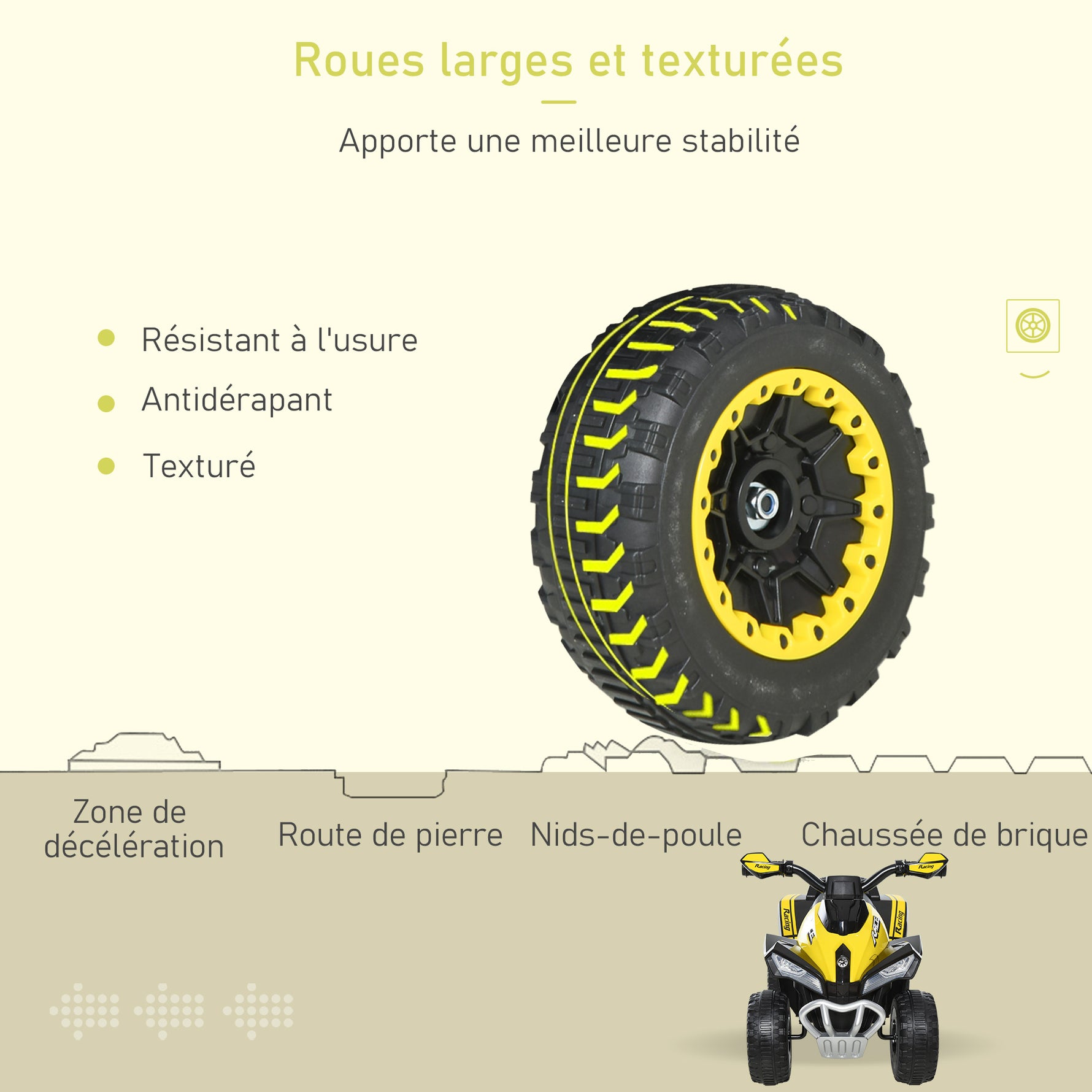 Porteur Enfants SANS Moteur Quad 18-36 Mois dim. 67L x 38l x 44H cm Effets Lumineux et sonores Jaune Noir PAS ÉLECTRIQUE