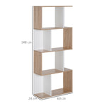 Bibliothèque à 4 niveaux, meuble de rangement en forme de S avec étagères, étagère de rangement pour salon, chambre bureau, 60 x 24 x 148 cm, bois naturel et blanc