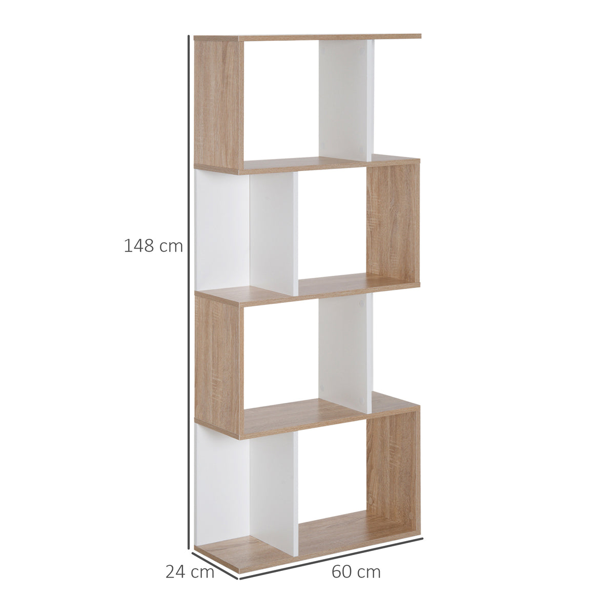 Bibliothèque à 4 niveaux, meuble de rangement en forme de S avec étagères, étagère de rangement pour salon, chambre bureau, 60 x 24 x 148 cm, bois naturel et blanc