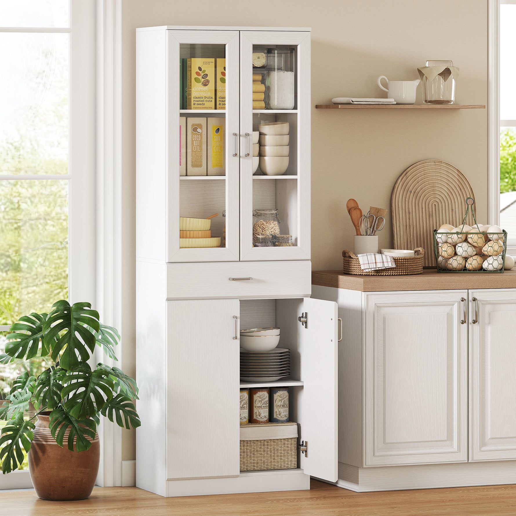 Buffet haut cuisine, armoire de cuisine, 4 portes dont 2 en verre, tiroirs, étagères réglables, 60x35x180cm, blanc