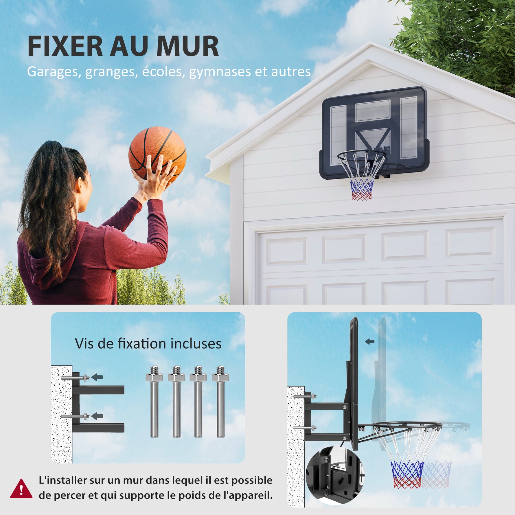 Panier de basket mural panier basket avec panneau incassable cerceau en acier et filet indéchirable 110L x 75H cm noir