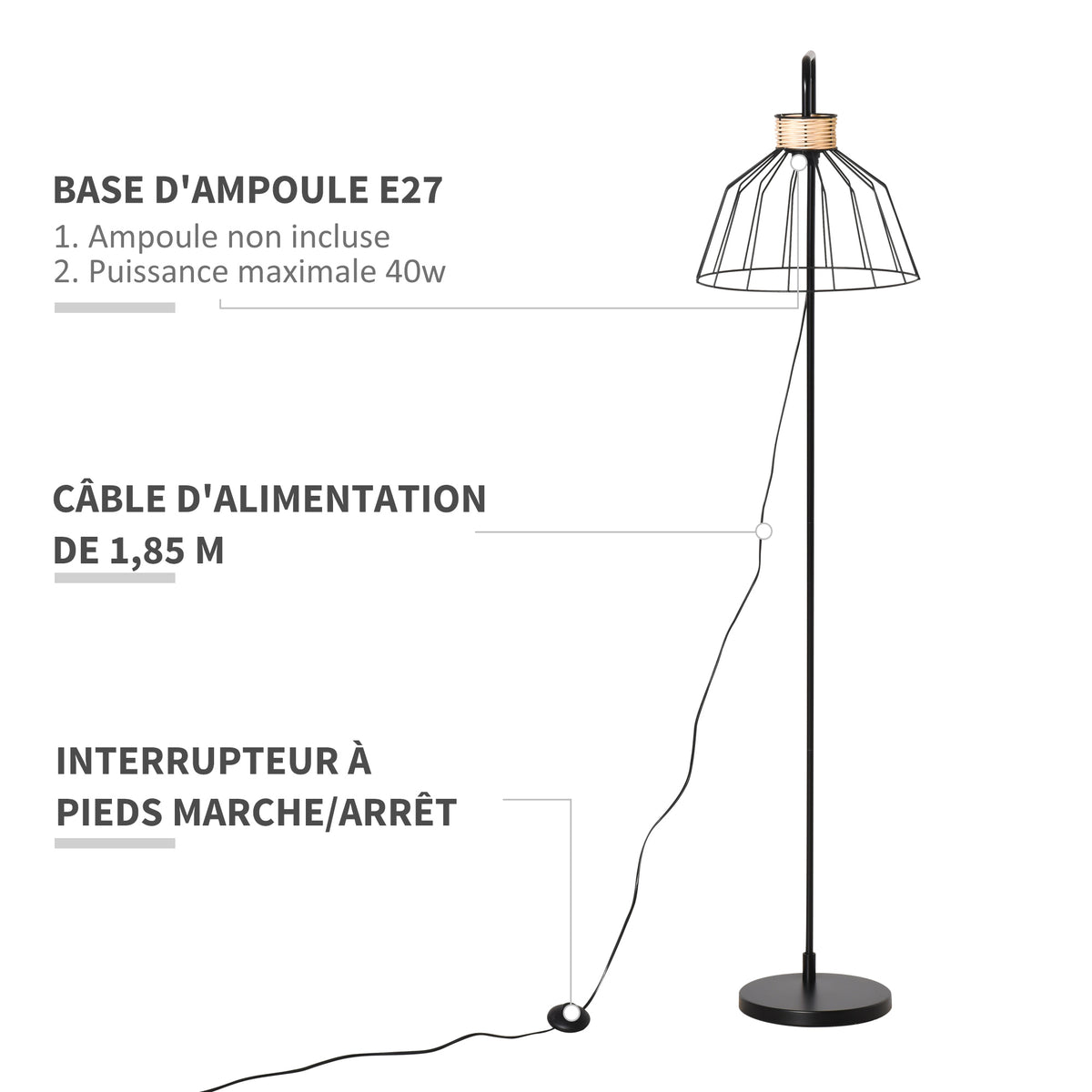 Lampadaire lampe à pied design élégant en métal avec décoration en rotin idéal pour maison bureau restaurant et café 44 x 34 x 154 cm noir