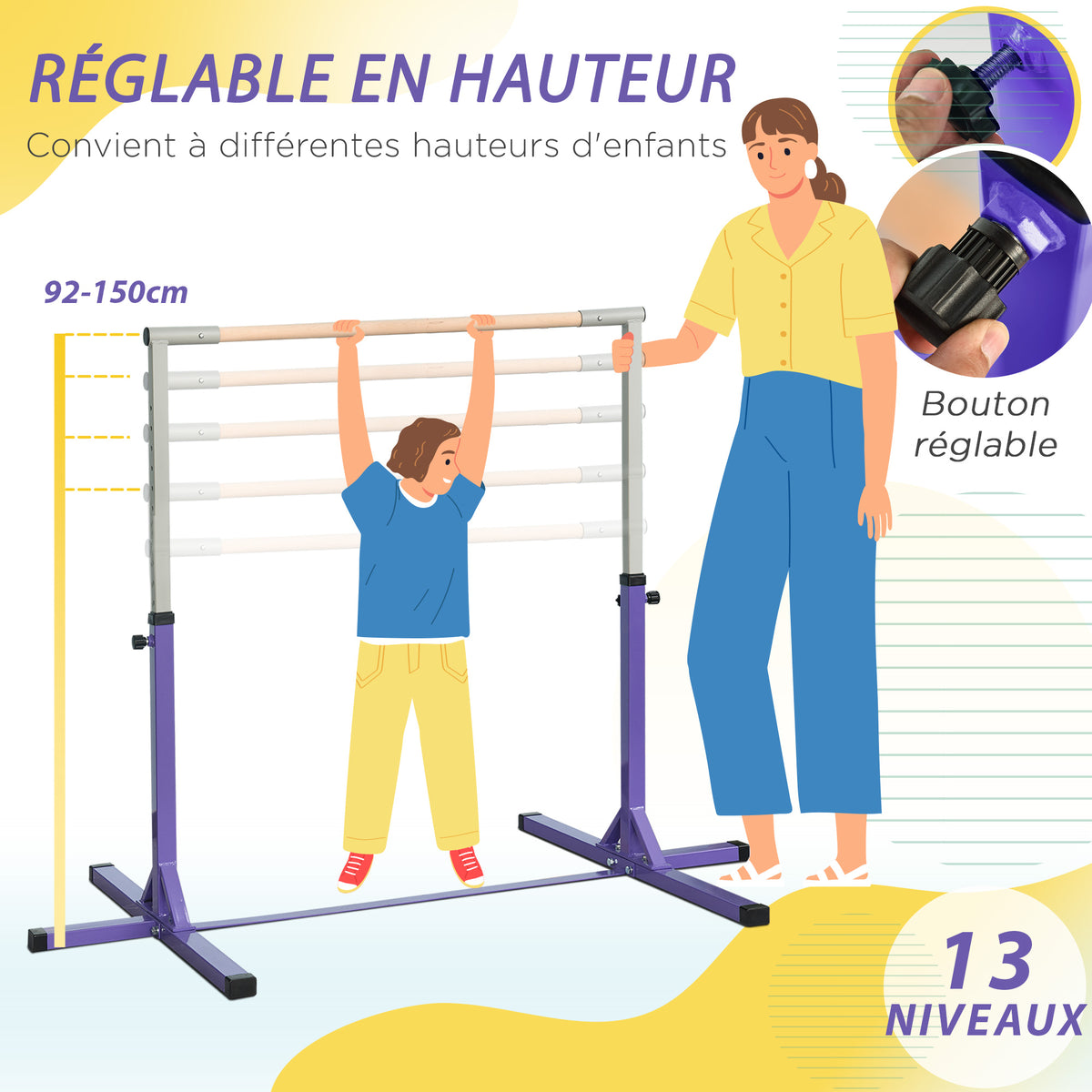 Turnreck für Kinder, höhenverstellbar in 13 Stufen von 92–150 cm, aus Stahl und Buchenholz, Trainings-Turnreck für Zuhause, rutschfest, einfach zu montieren, Violett
