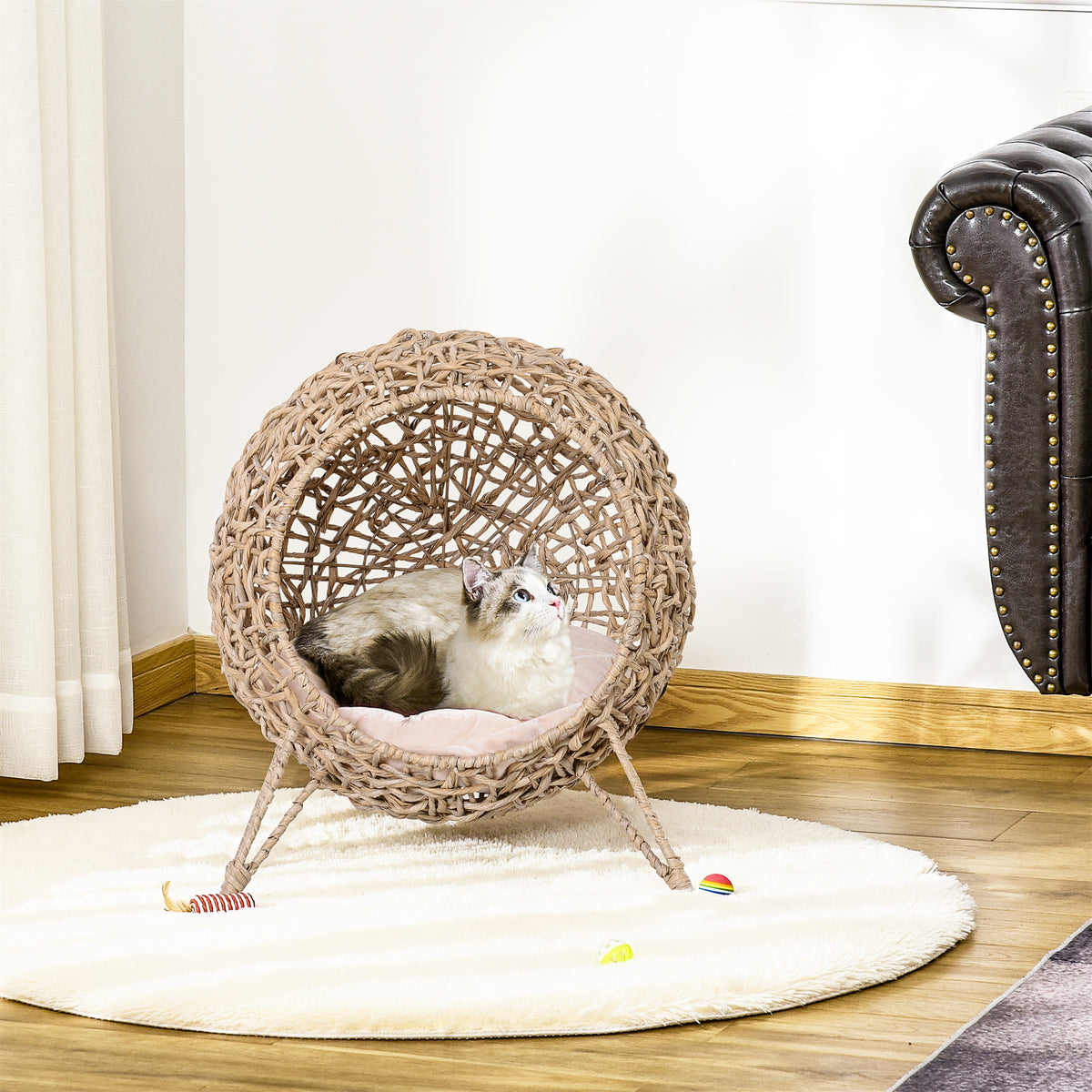 Panier chat lit surélevé chat cosy niche grotte grand confort dim. Ø 52 x 58H cm coussin moelleux inclus résine tressée imitation rotin beige