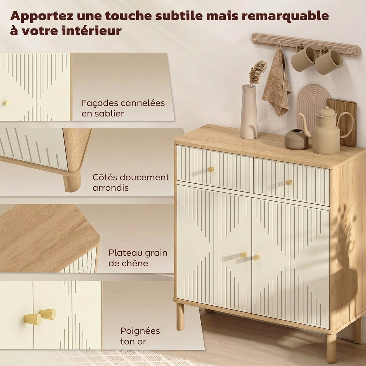 Buffet, meuble de rangement cannelé avec plateau effet chêne, 2 tiroirs, 2 portes, étagère réglable, 77x30x80cm, crème