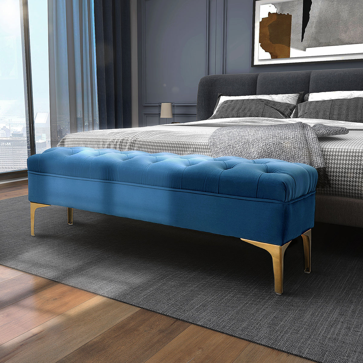 Panca imbottita capitonné fondo letto stile classico chic 118L x 45p x 42A cm gambe in metallo dorato velluto blu