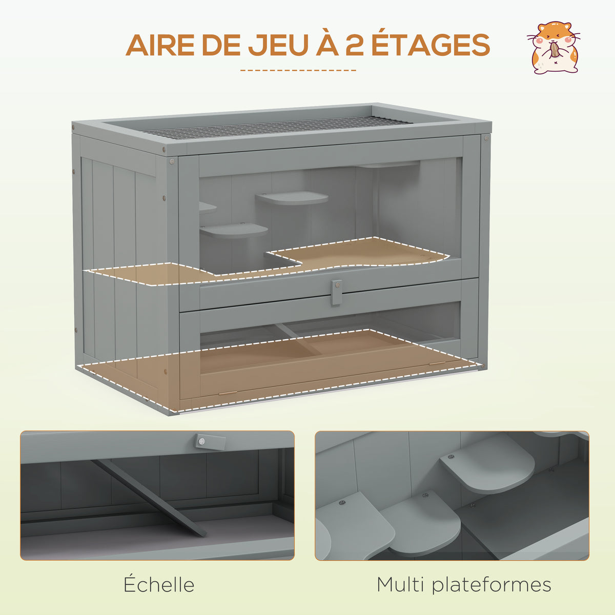 Cage pour hamsters souris petits rongeurs multi-équipements rampe plateformes toit ouvrant grillagé 60 x 35 x 42 cm gris