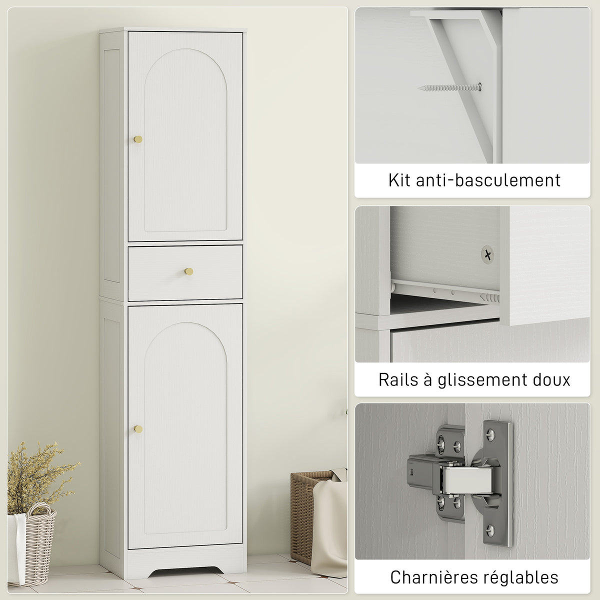 Armoire salle de bain haute meuble de rangement colonne avec placards tiroir et étagères réglables 40x29,5x170cm blanc