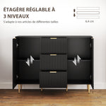 Buffet meuble cuisine rangement avec 3 tiroirs, étagères réglables, placards à portes cannelées, 120 x 40 x 90 cm, noir