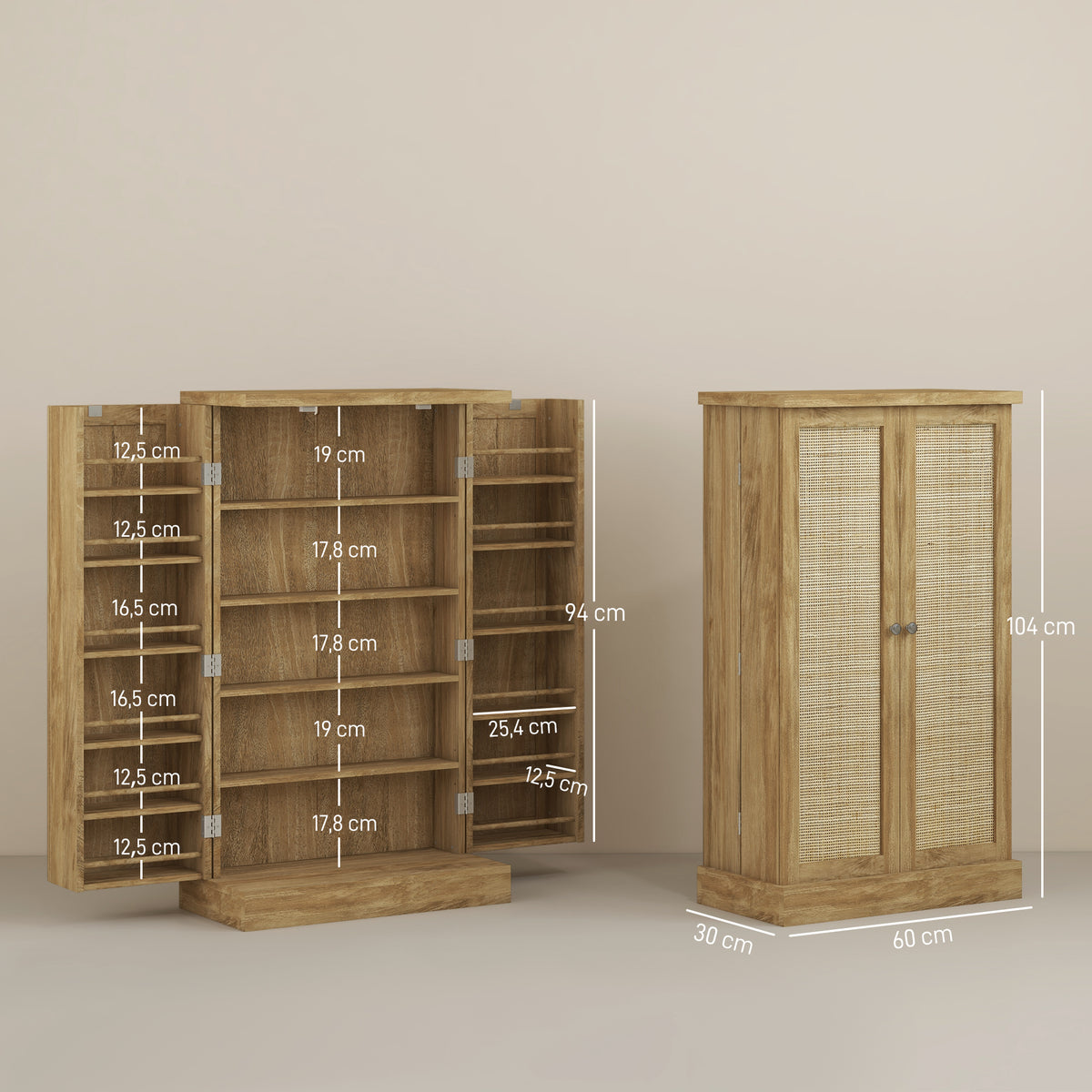 Credenza da cucina mobiletto dispensa con 12 ripiani con ante ripiani regolabili 60 x 30 x 104 cm effetto legno naturale