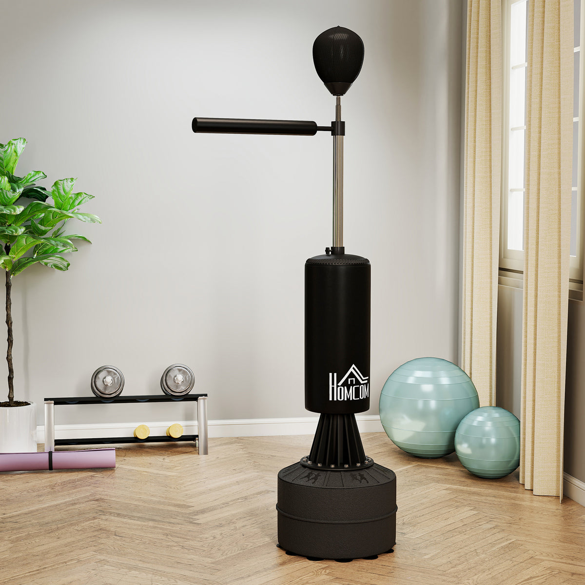 Sac de frappe boxe sur pieds punching ball brunier 3 en 1 avec ballon de vitesse bras flexible rotatif hauteur réglable