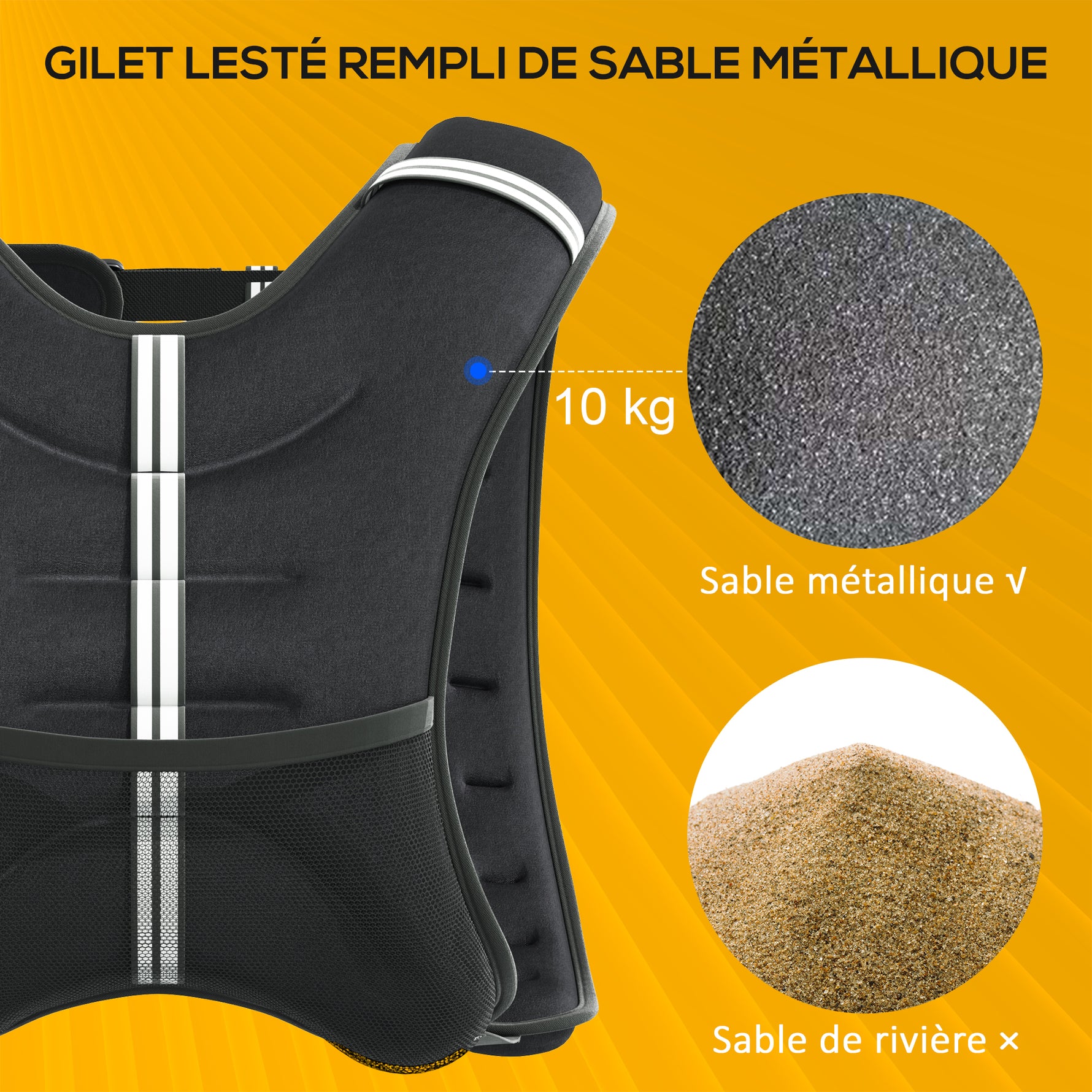 Gilet lesté de 10 kg, veste lestée, pour homme et femme, avec poche de rangement, tissu Oxford, sable métallique, noir