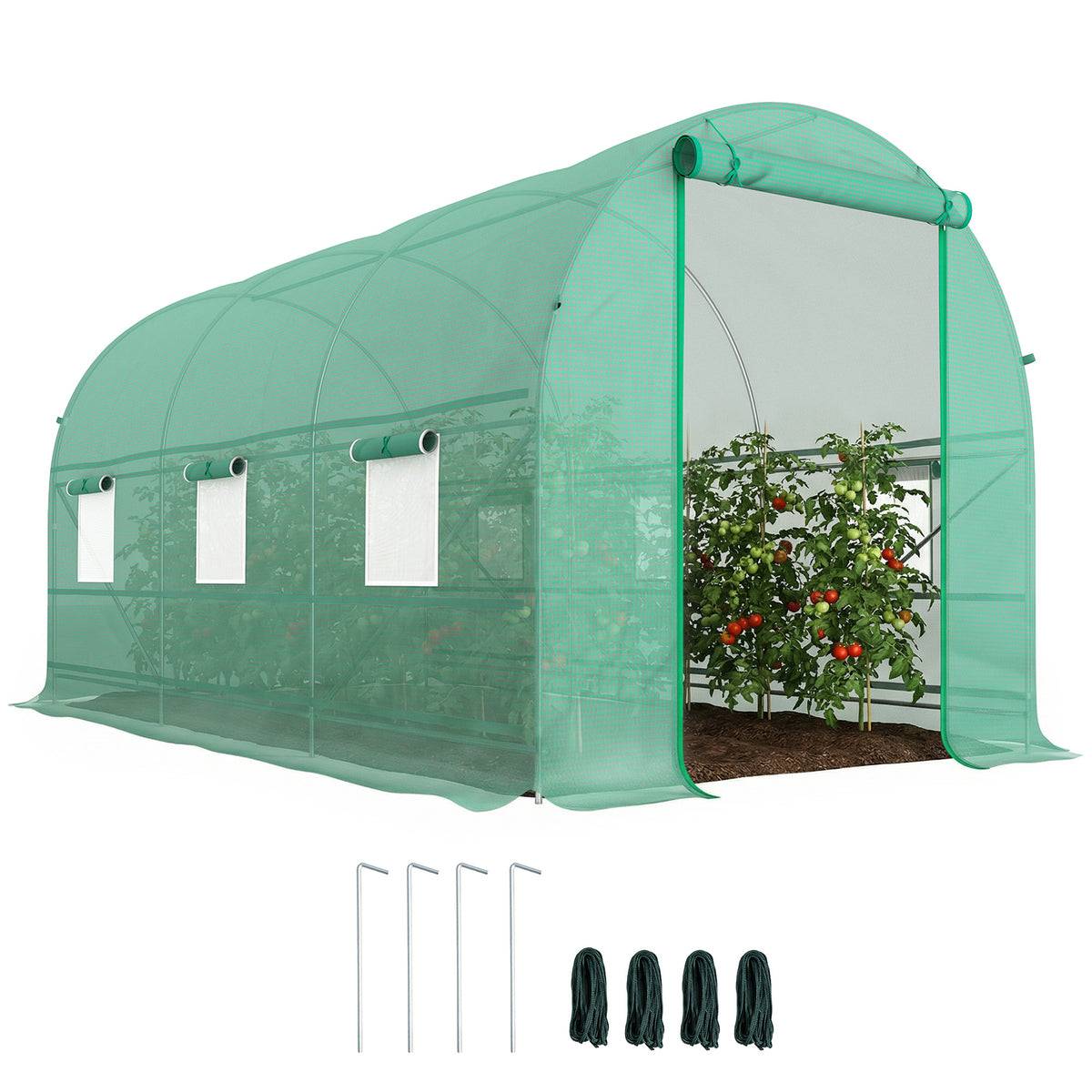 Serre tunnel de jardin 8 m², serre de jardin tunnel avec porte et 6 fenêtres, bâche PE 140 g/m² 400 x 200 x 200 cm vert
