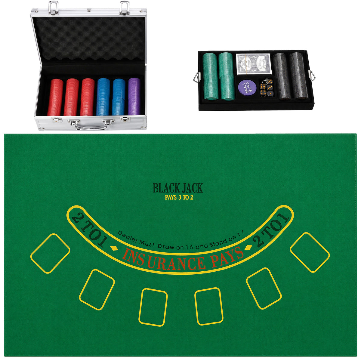 500-Chip Poker Case, 5 Denominations, 2 Decks of Cards, Playing Mat, Dealer Button, Blinds, Aluminum, 31x17x11.5cm, Silver