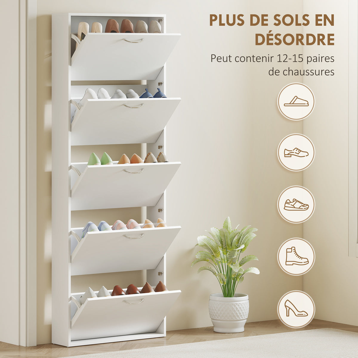 Meuble à chaussures 15 paires, armoire à chaussures étroite moderne avec 5 tiroirs rabattables, 65 x 17 x 180,5 cm blanc