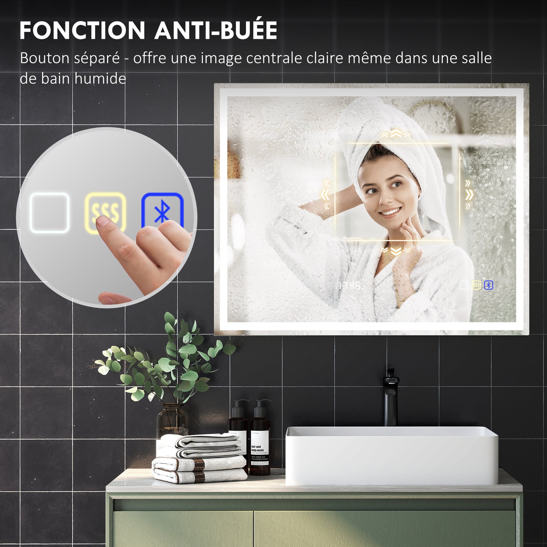 Miroir salle de bain LED bluetooth 80 x 100 cm interrupteur tactile lumière réglable 3 couleurs anti-buée mémoire argent
