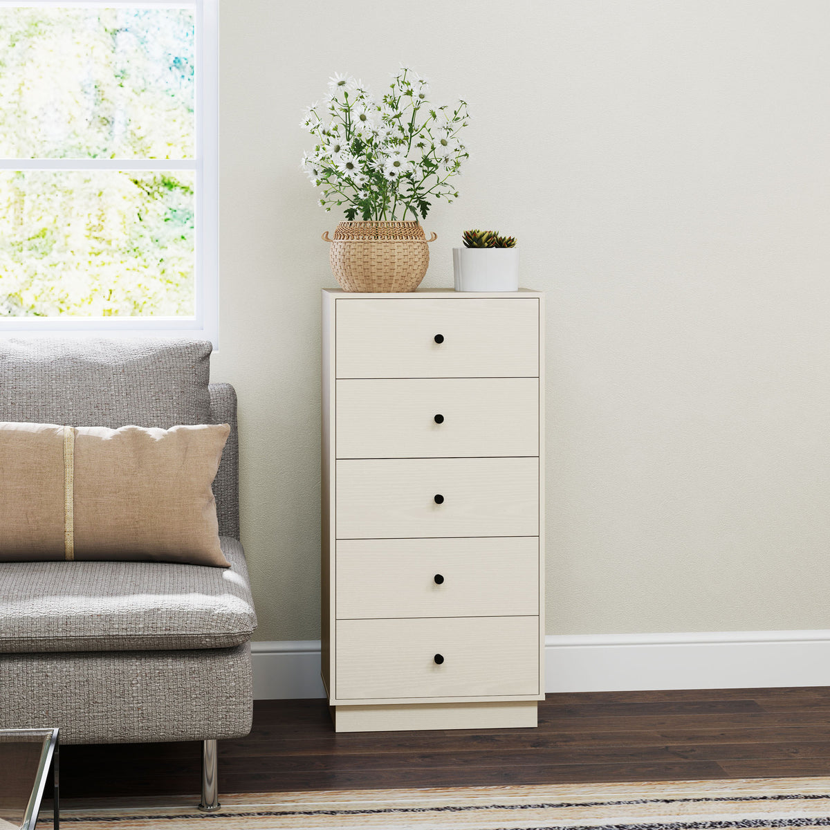 Commode 5 tiroirs, meuble de rangement haut et étroit, style moderne pour chambre à coucher, salon - 47x29x95cm, crème