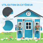 Cabane enfant extérieur maison enfant extérieure avec porte fenêtres et jardinières 114 x 126,4 x 135 cm bleu