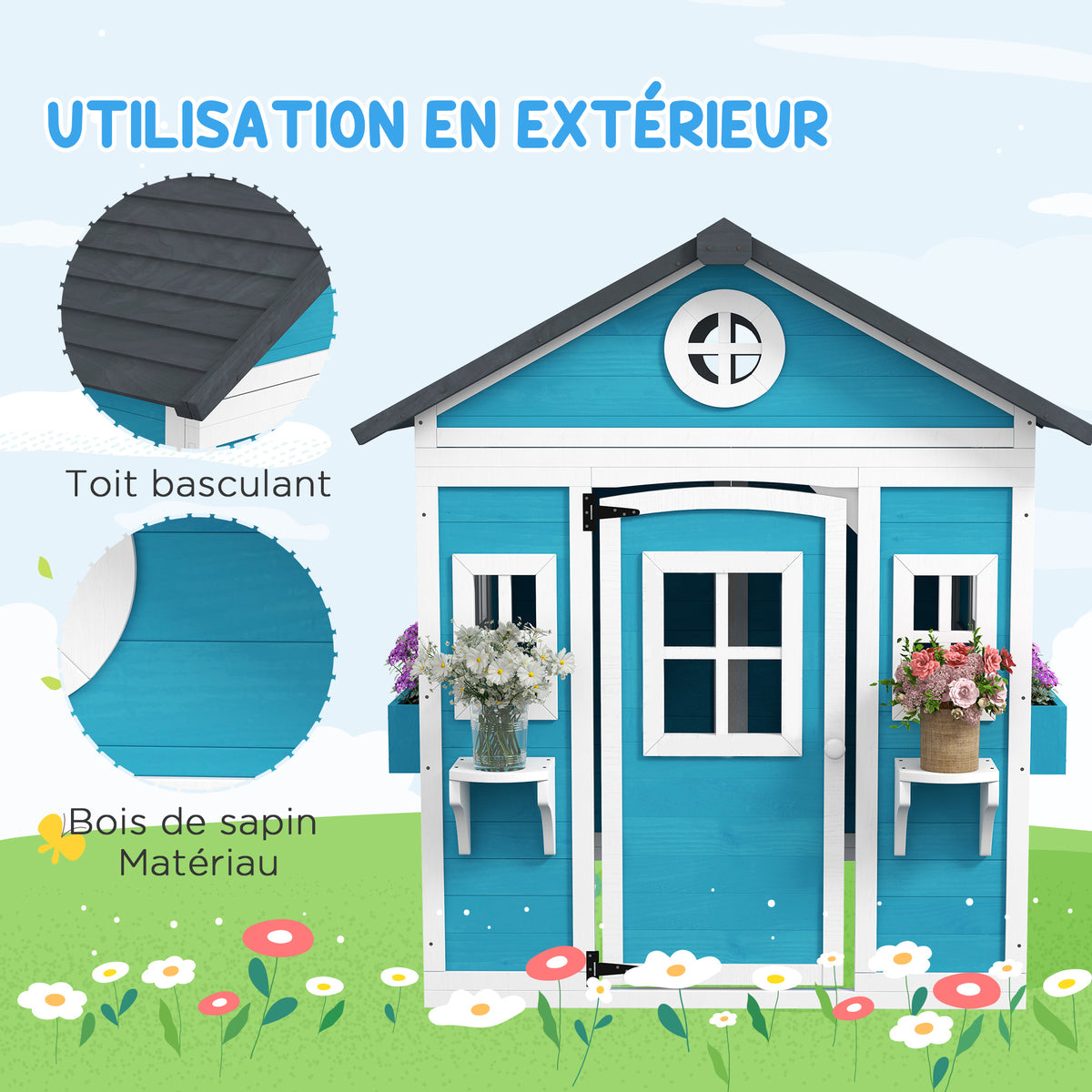 Cabane enfant extérieur maison enfant extérieure avec porte fenêtres et jardinières 114 x 126,4 x 135 cm bleu