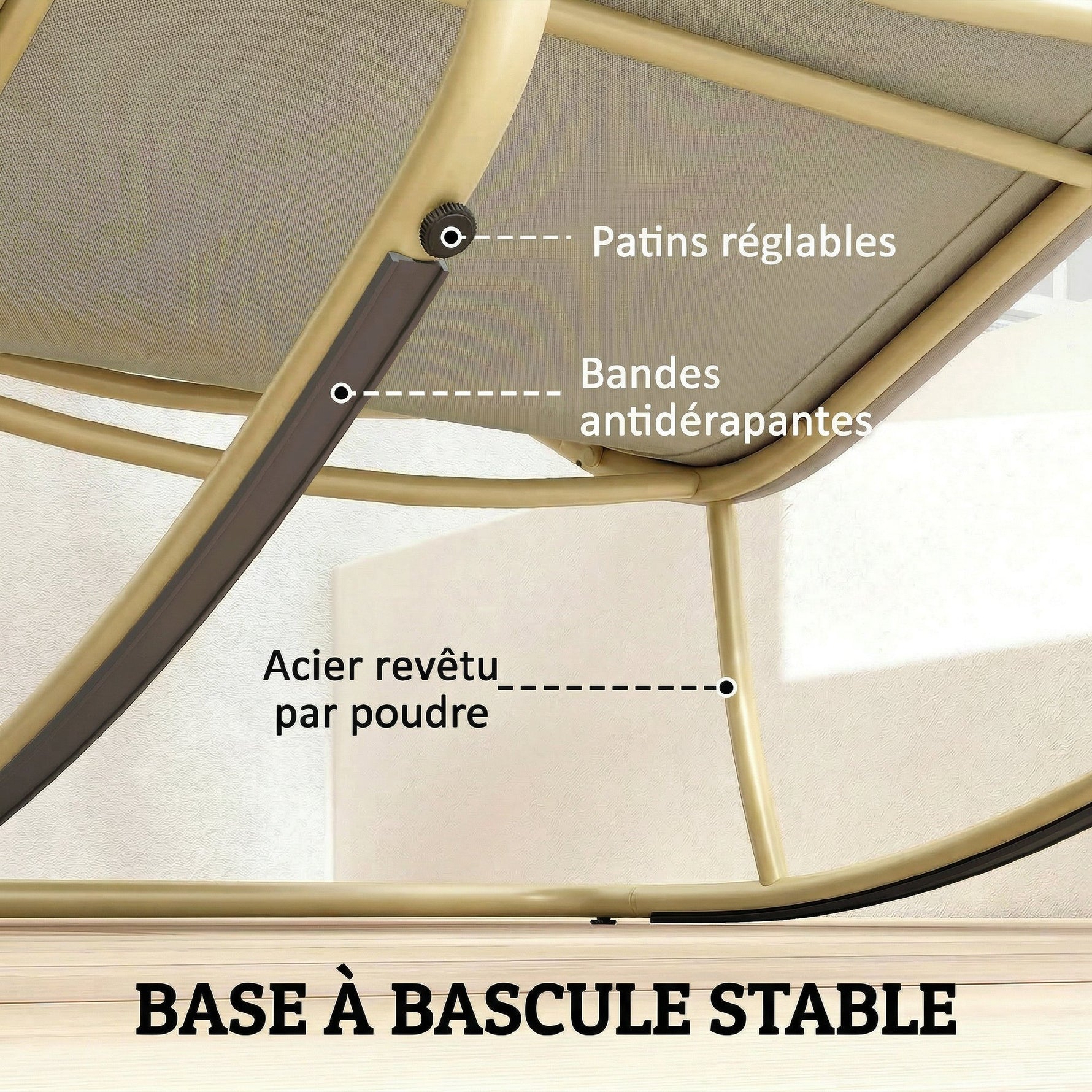 Fauteuil à Bascule Extérieur Coussin Moelleux 125cm Large 64cm en Acier et Textilène Beige et Doré