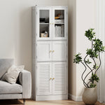 Meuble de salle de bain haut, meuble de rangement avec 6 portes dont 2 vitrées et 2 persiennes, étagère réglable, blanc