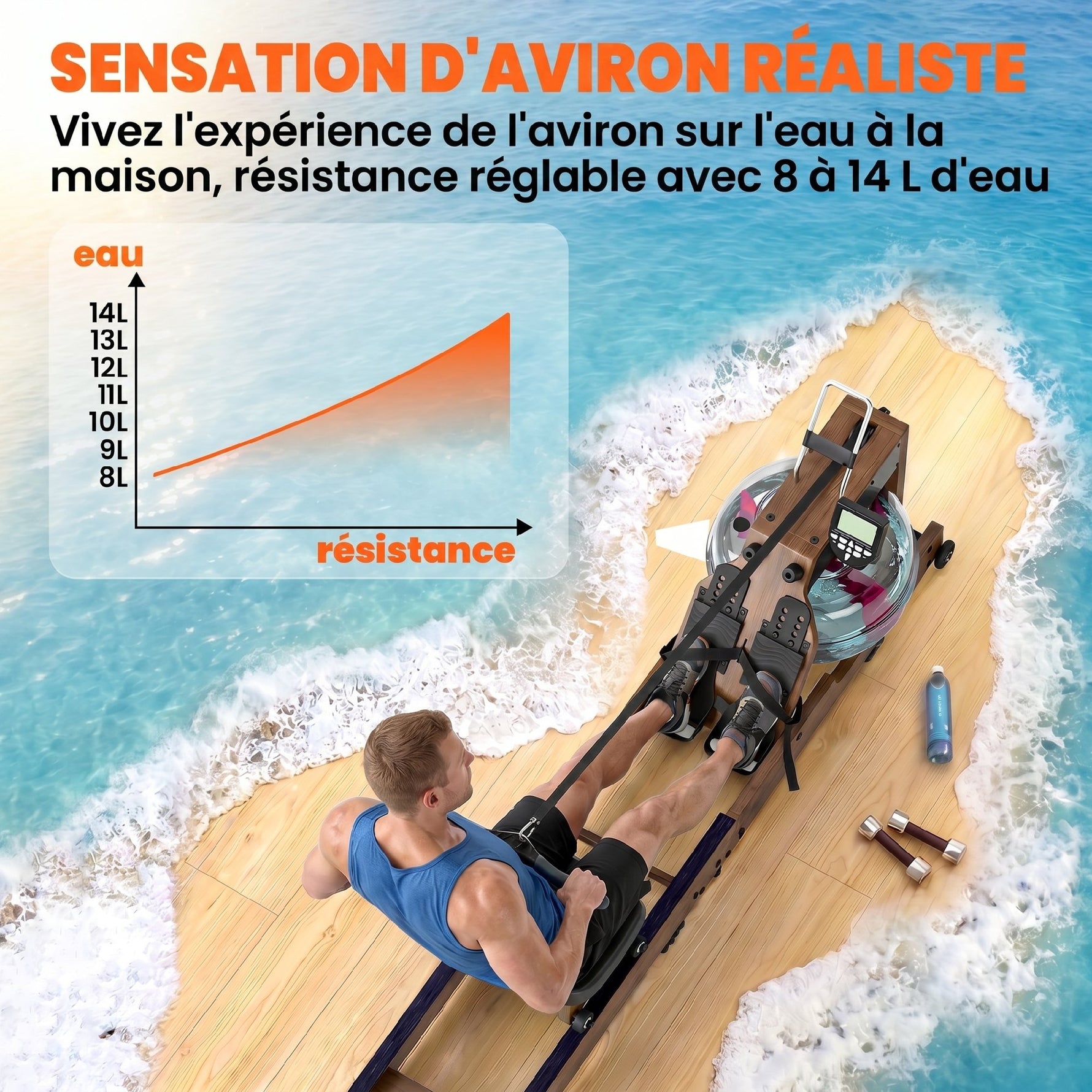 Rameur à Eau Rameur Appartement Pliable Double Rail Aluminium Capacité 158kg Connexion Bluetooth 182x42x67cm Chêne-4