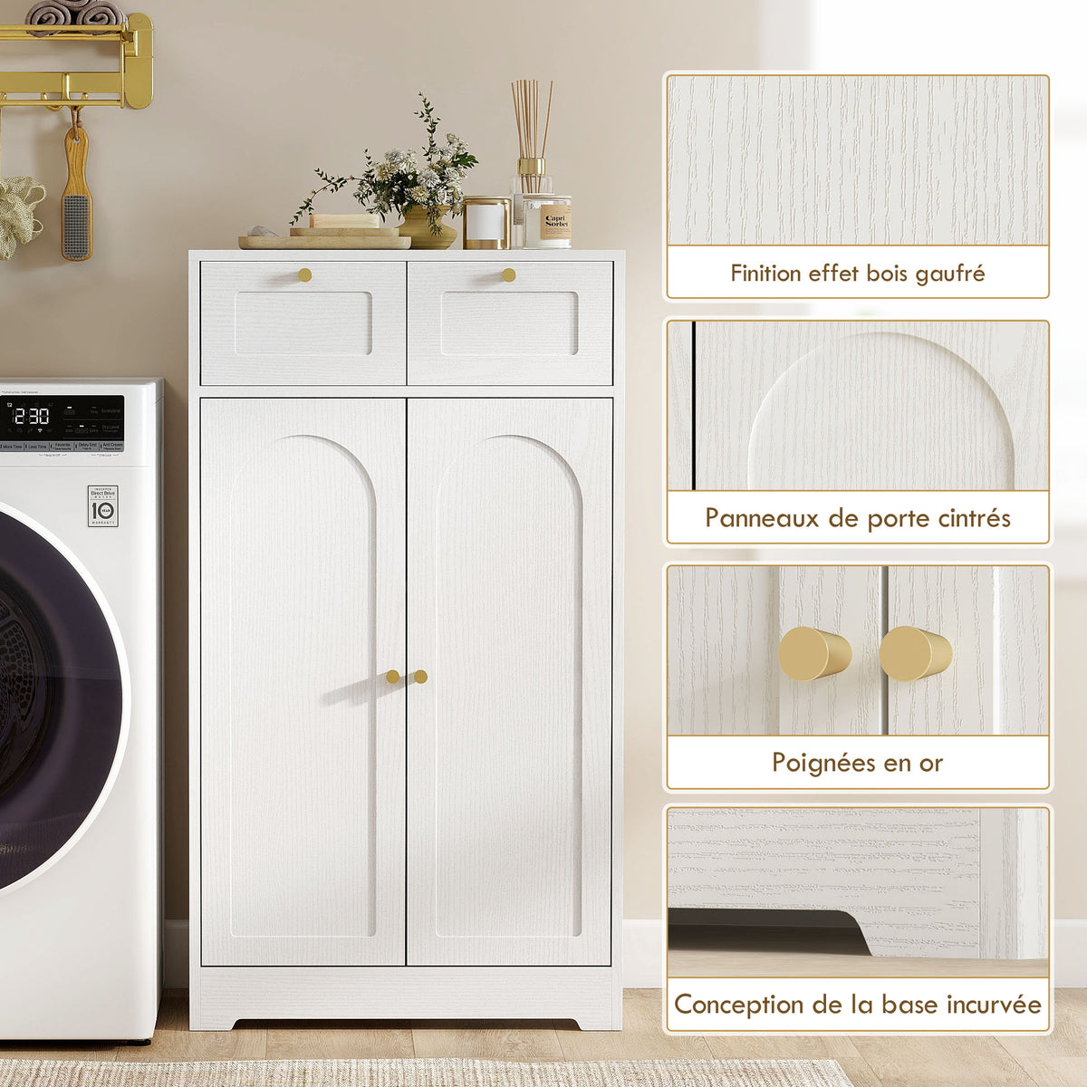 Meuble de salle de bain meuble de rangement avec 2 tiroirs double porte arquée étagères réglables 60x30x108cm blanc