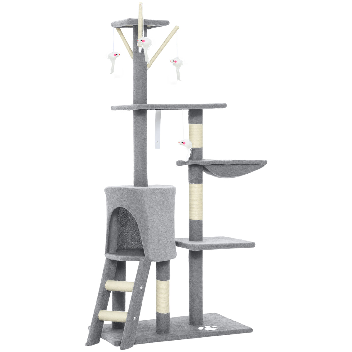 Albero per gatti, torre gioco stabile multi-livello con cuccia, 3 piattaforme e amaca, 60x35x134 cm, grigio