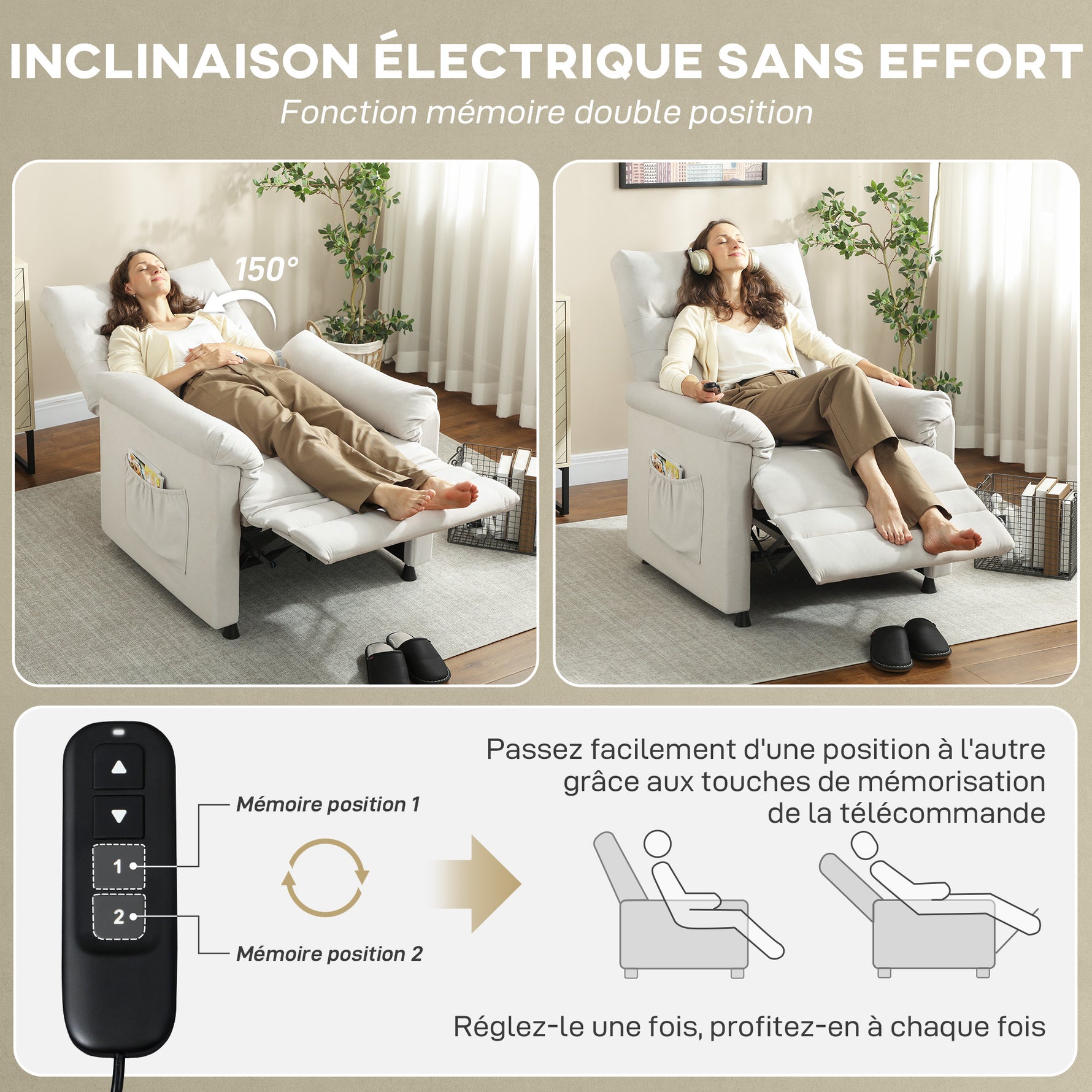 Fauteuil relax électrique massant et chauffant, fauteuil inclinable, repose-pieds, moteur silencieux, 82x99x106cm, crème