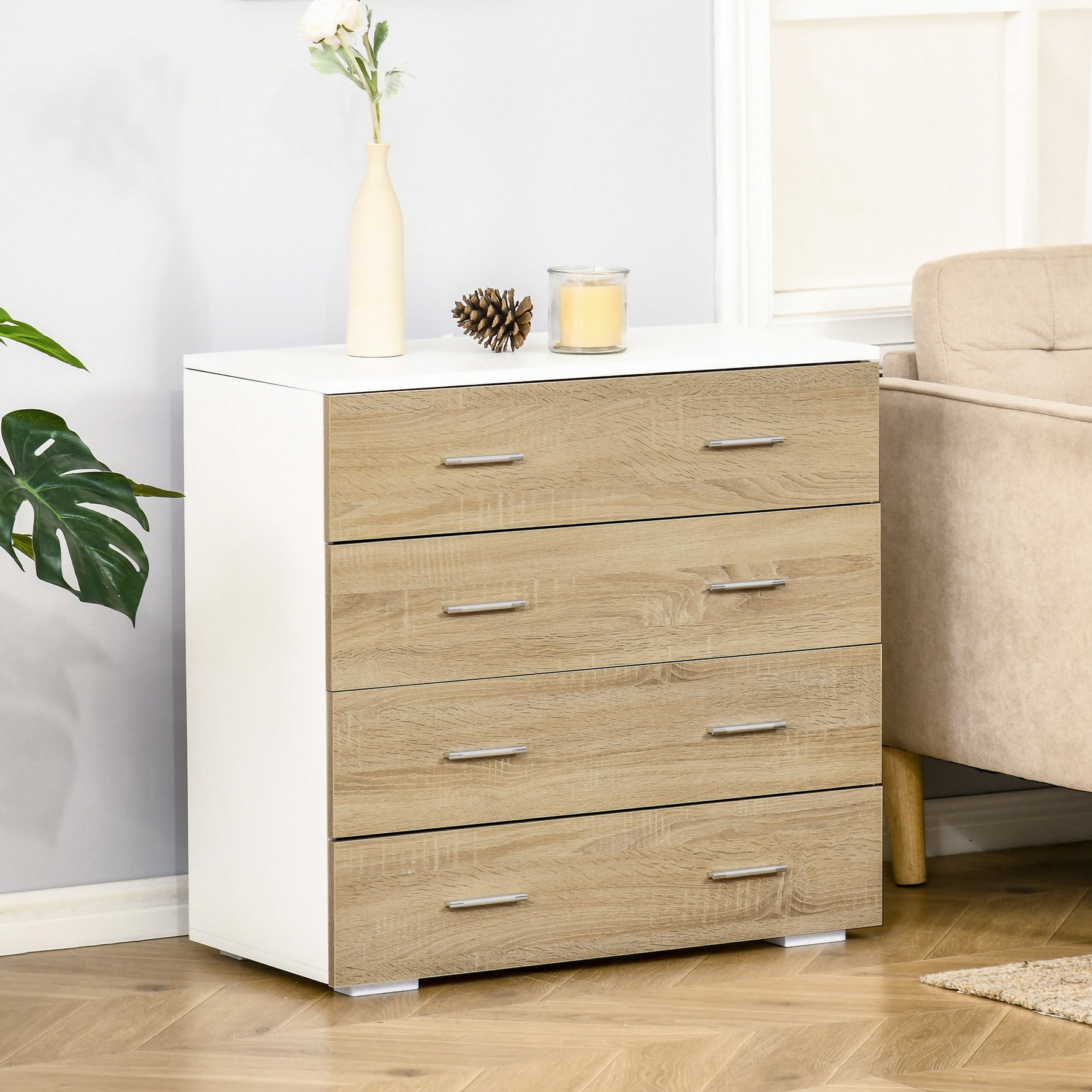 Commode Meuble de Rangement Style Contemporain 4 tiroirs 76 x 35 x 72 cm Blanc et Couleur Bois