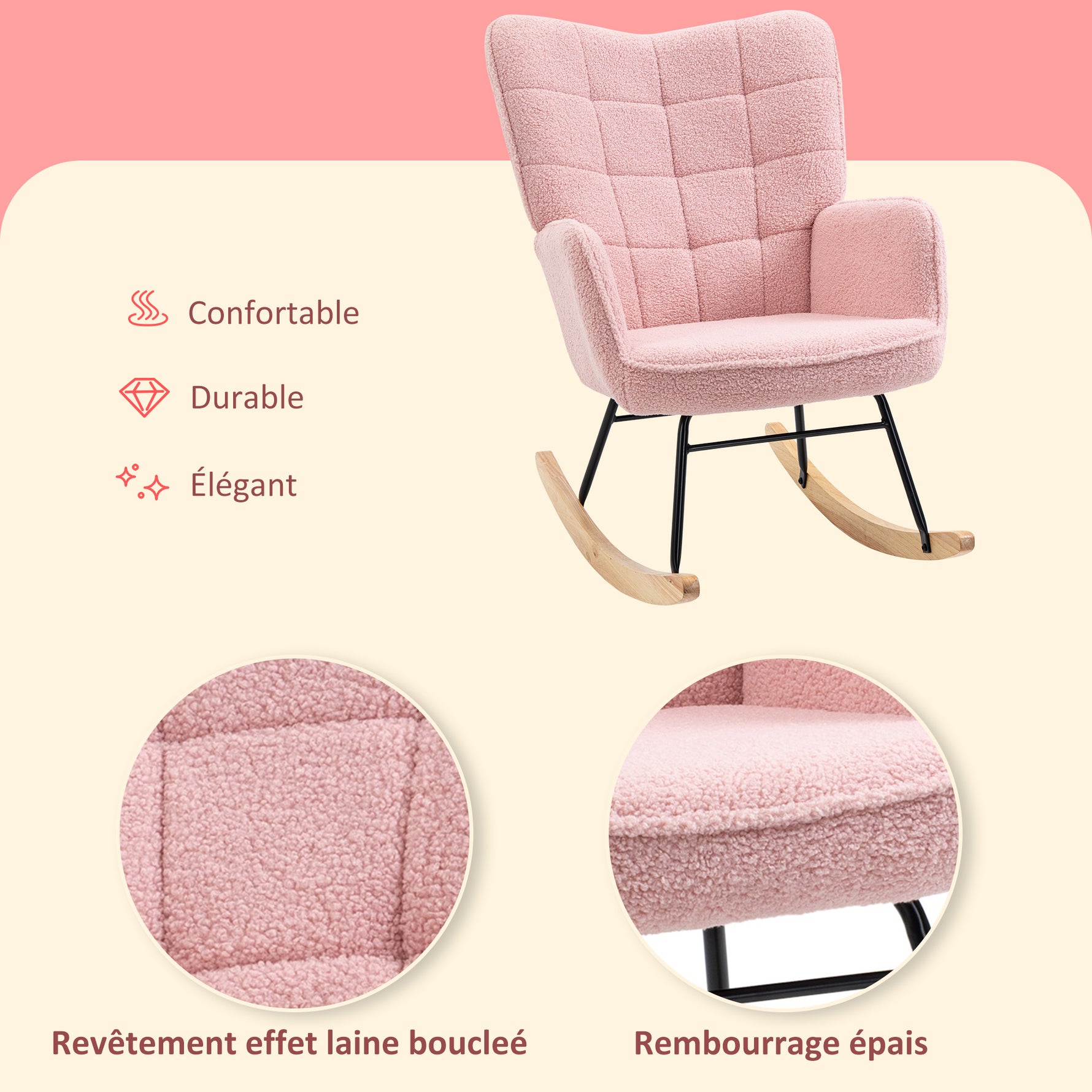 Fauteuil à bascule rocking chair revêtement bouclette structure en acier 71 x 98 x 101 cm rose
