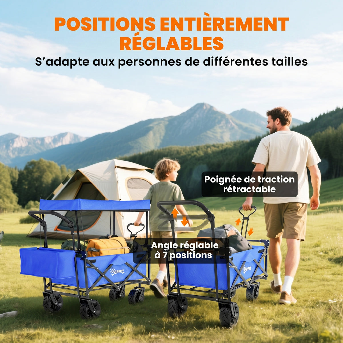 Chariot de Transport Pliable Tout Terrain 180 L, Poignée Télescopique Pousser-Tirer 2 en 1, Auvent Amovible, Bleu