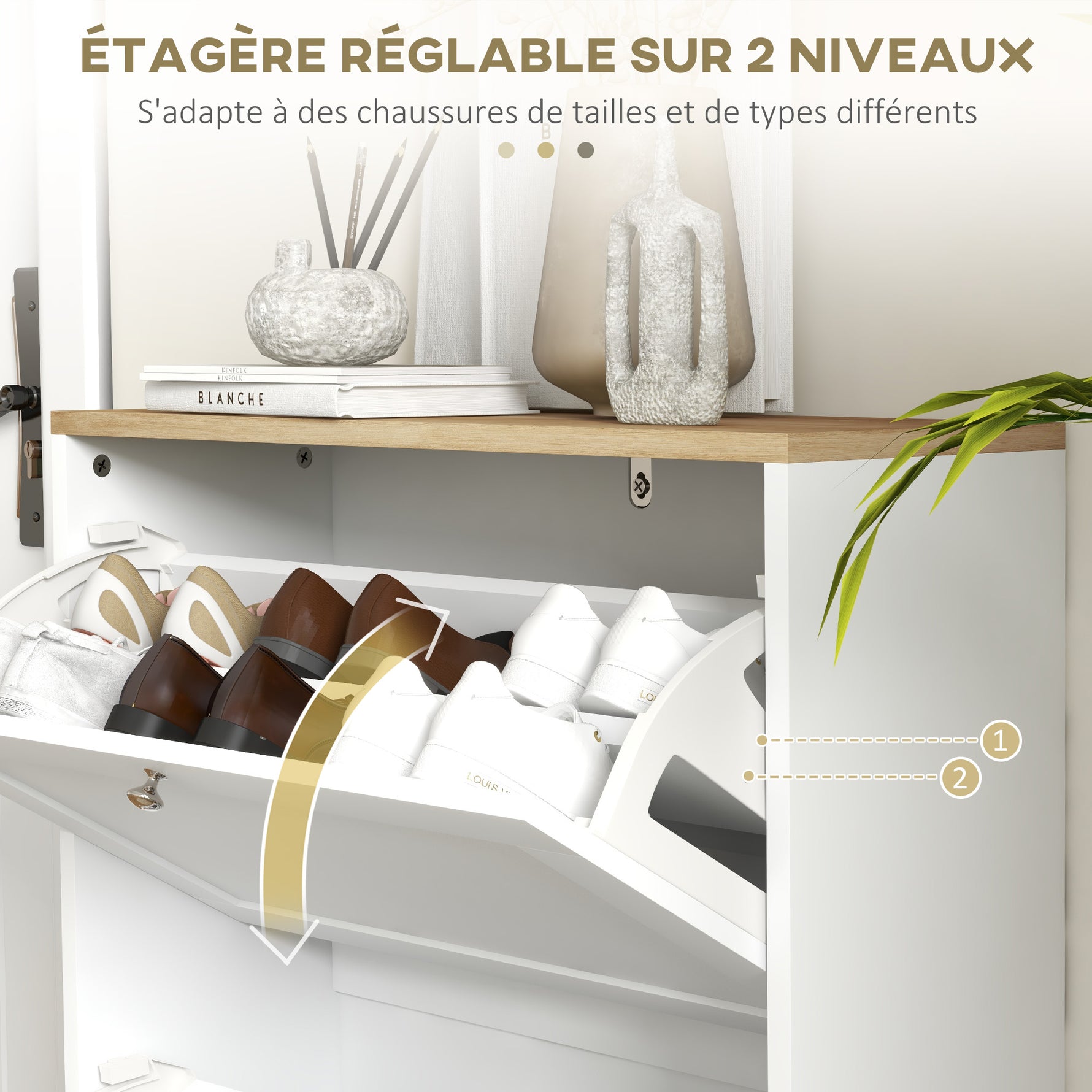 Meuble à chaussures 12 paires, meuble d'entrée avec 2 tiroirs rabattables et étagères réglables, 60 x 23,5 x 80cm, blanc