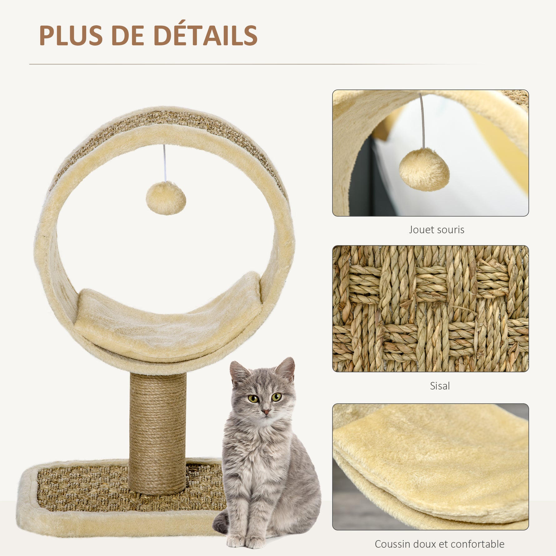 Arbre à chat en cercle avec griffoir en jute et jouet de souris coussin en peluche doux en panneaux de particules 40 x 30 x 56 cm kaki beige café