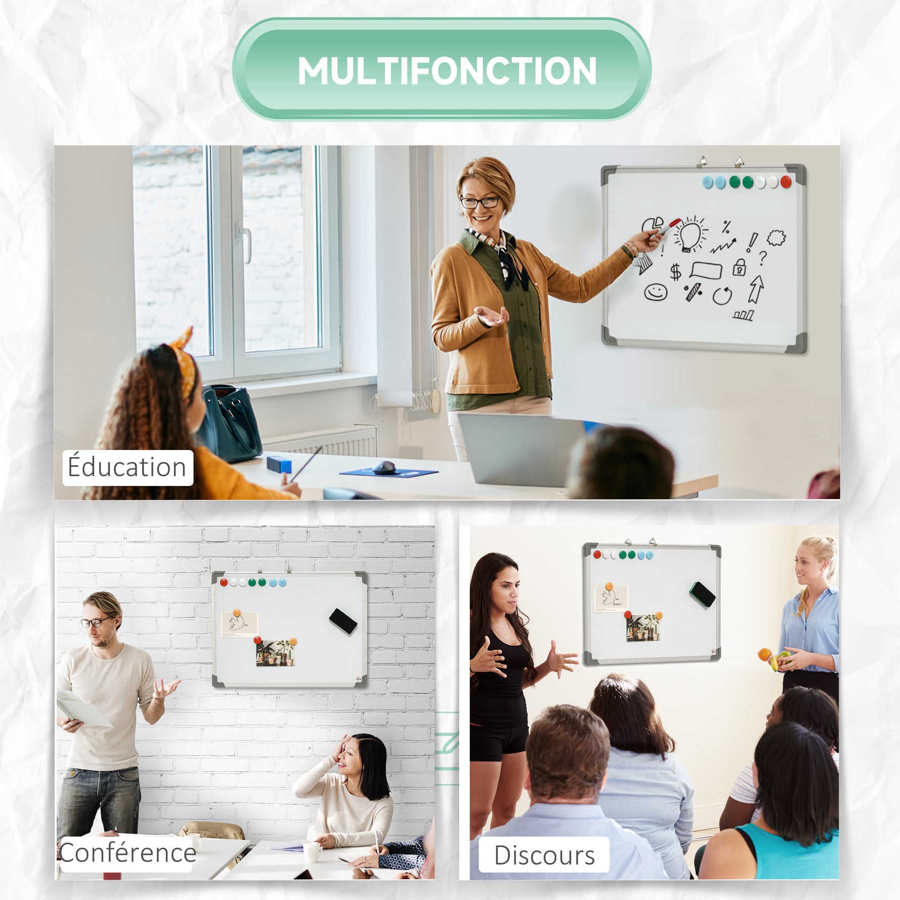 Tableau blanc magnétique cadre aluminium 60 x 45 cm avec feutres, effaceur et aimants