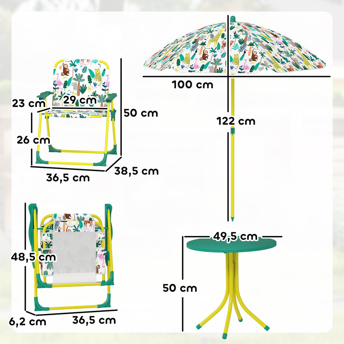 Children's Outdoor Patio Set with 2 Folding Chairs and Parasol, Jungle Theme, for Garden, Terrace, Green