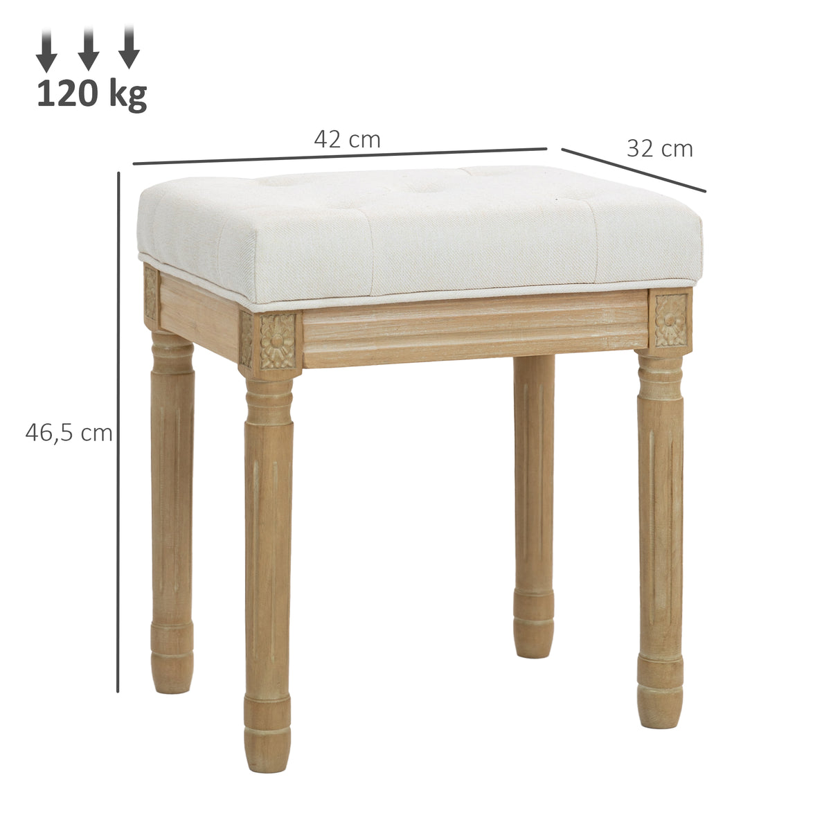 Voetenbank voor woonkamer, hocker, gestoffeerde zitting met linnenlook en poten van rubberhout, 42 x 32 x 46,5 cm, beige