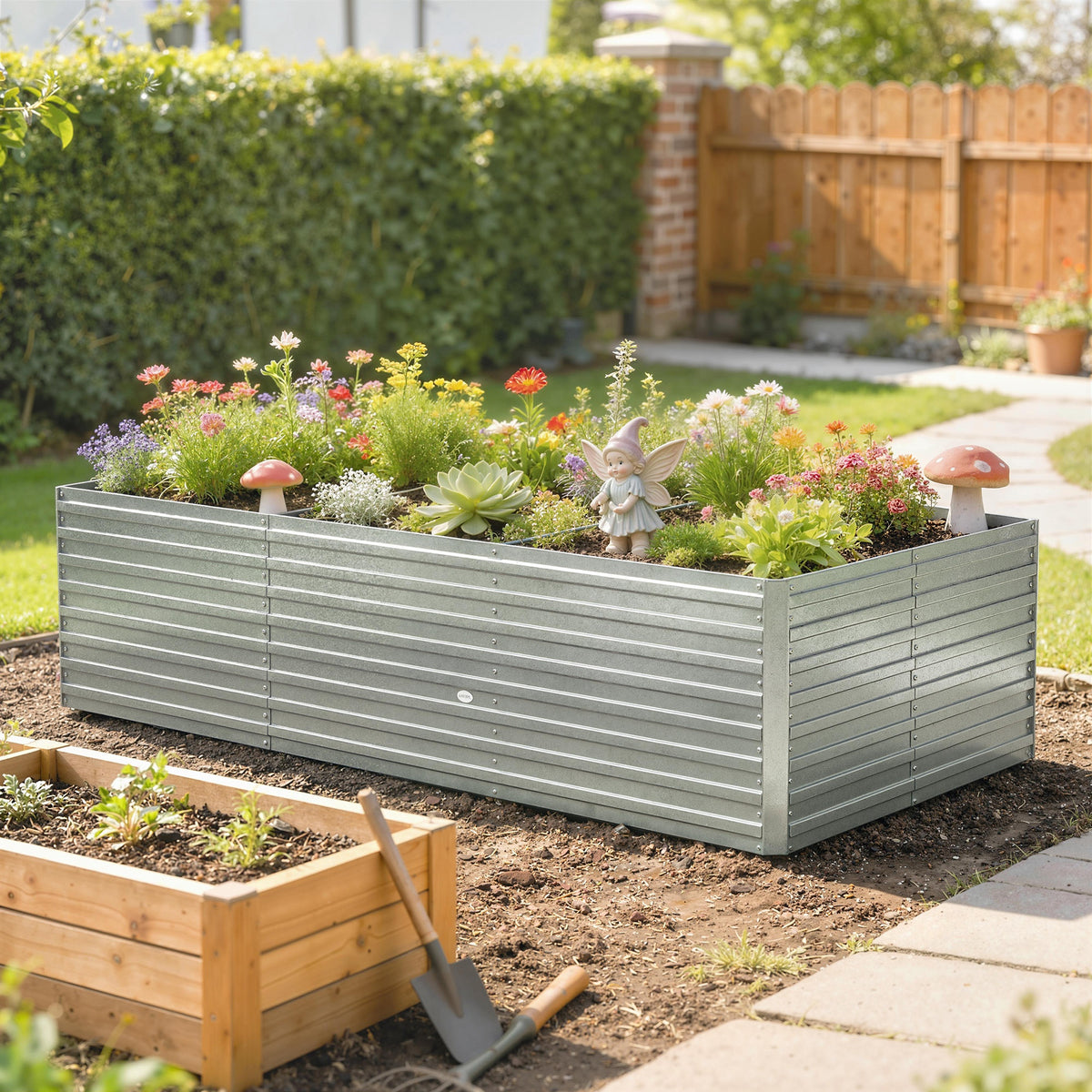 Jardinière extérieure, jardinière surélevée galvanisée bordure de sécurité et fond ouvert 240 x 120 x 60 cm gris argenté