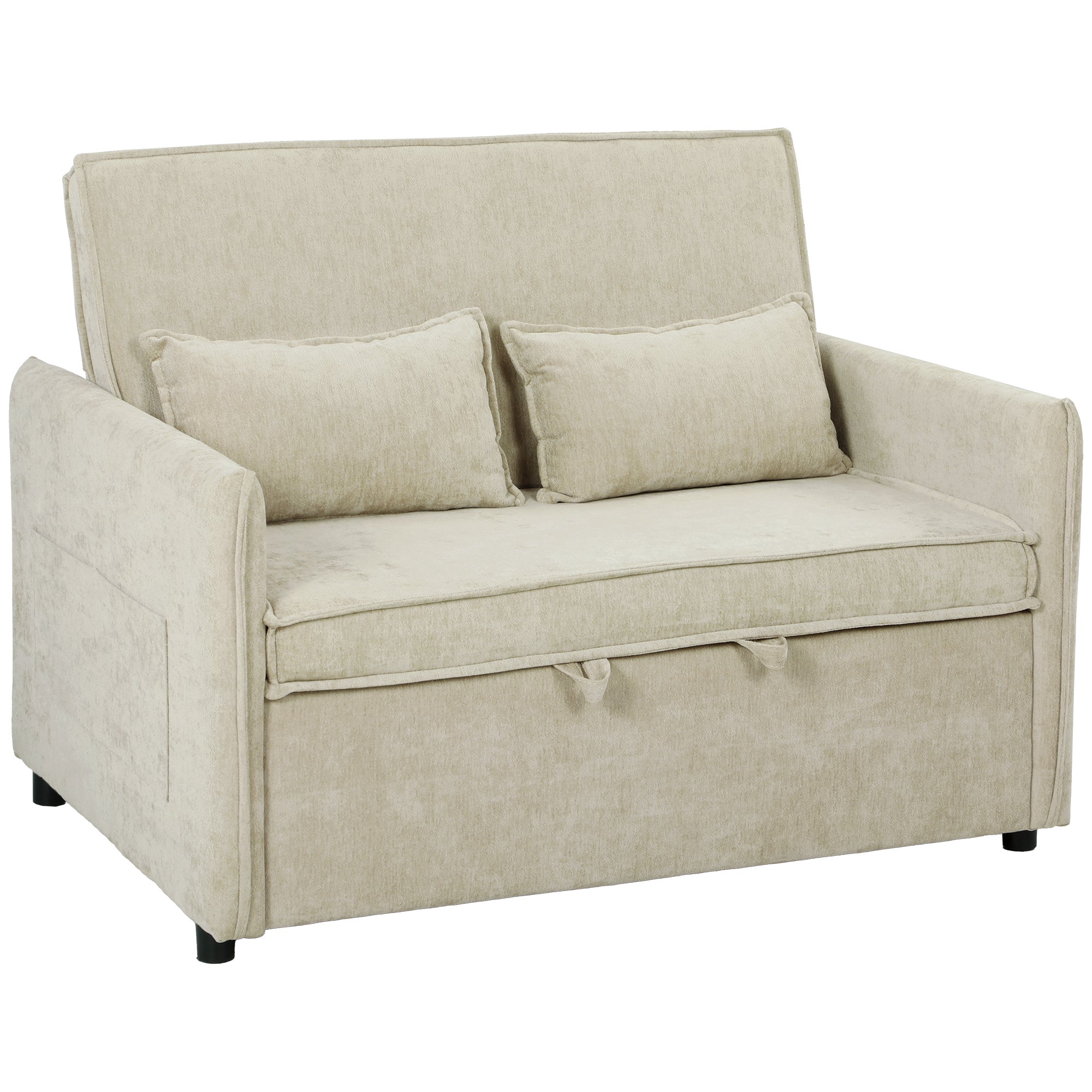 Canapé Convertible 2 Places, Canapé-Lit 3 en 1 Chenille 125 cm avec Dossier Réglable, Assise Large, 2 Oreillers, Crème