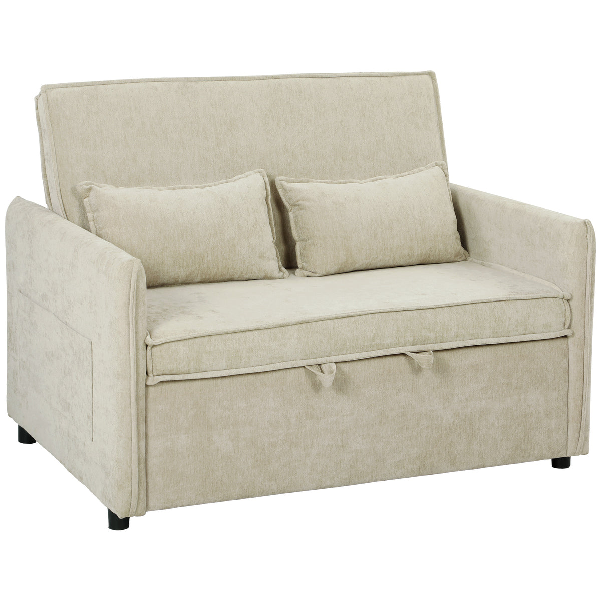 Canapé Convertible 2 Places, Canapé-Lit 3 en 1 Chenille 125 cm avec Dossier Réglable, Assise Large, 2 Oreillers, Crème