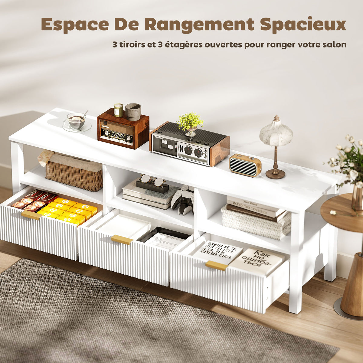 Meuble TV 152 cm, meuble télé pour téléviseur 65 pouces avec 3 tiroirs et 3 étagères ouvertes, 152x39,5x50cm, blanc