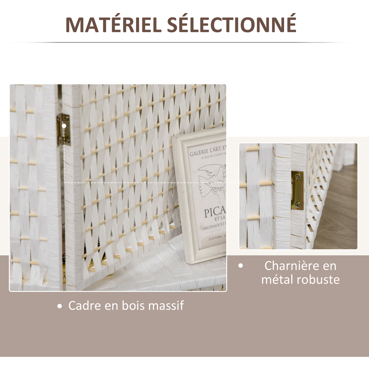 Séparateur de pièces 4 panneaux 2 étagères pliables blanc paille