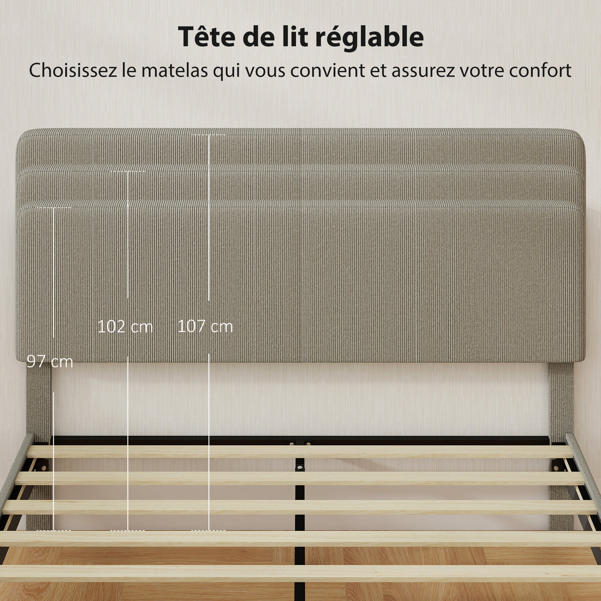 Estructura de cama de 160 x 200 cm, somier de láminas de madera, cabecero ajustable, cama doble tapizada en pana, gris