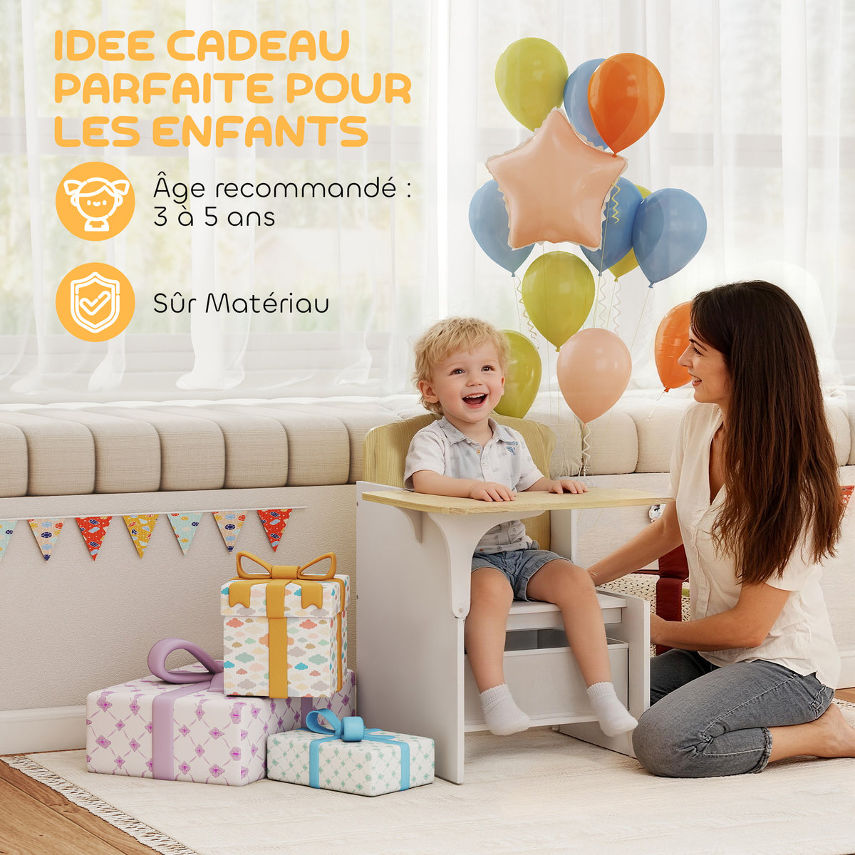 Scrivania e sedia per bambini con contenitore, set tavolo attività 2-in-1 per disegno, lettura e giochi, bianco