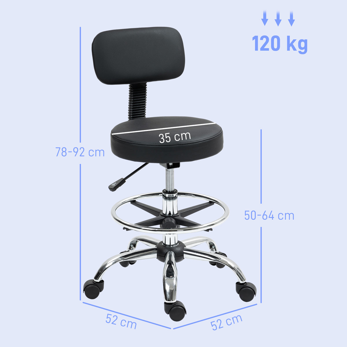 Chaise de bureau, chaise de dessin, repose-pieds réglable, hauteur réglable, pivotante 360°, 52x52x92cm, noir