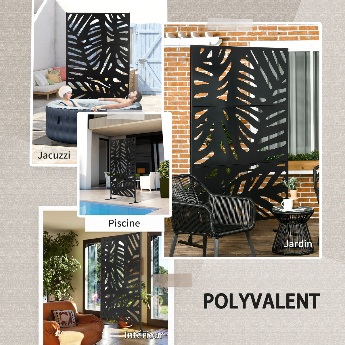 Panneau brise vue décoratif extérieur noir à motif végétal en métal - 122 x 45 x 198 cm