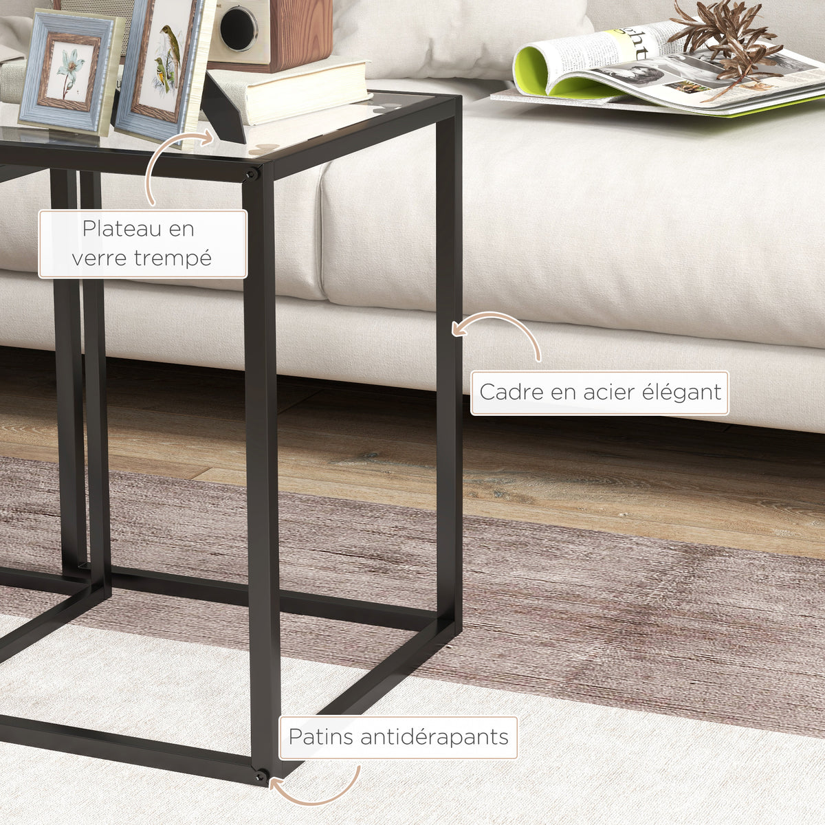 Lot de 2 tables basse gigogne, tables d'appoint empilable, plateau verre trempé cadre acier, patins antidérapants, noir