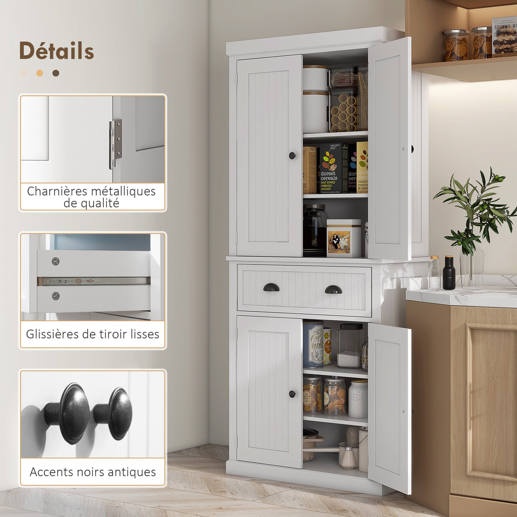 Armoire de cuisine buffet cuisine multi-rangements étagères réglables 4 portes grand tiroir 76,2 x 40,2 x 183 cm blanc